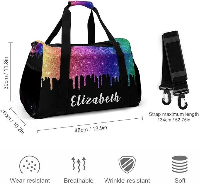 Personalized Sports Duffle Bags for Training, Colorful Bling Sequin Print Travel Bags with Adjustable Shoulder Strap, Custom Name Birthday Holiday Gift