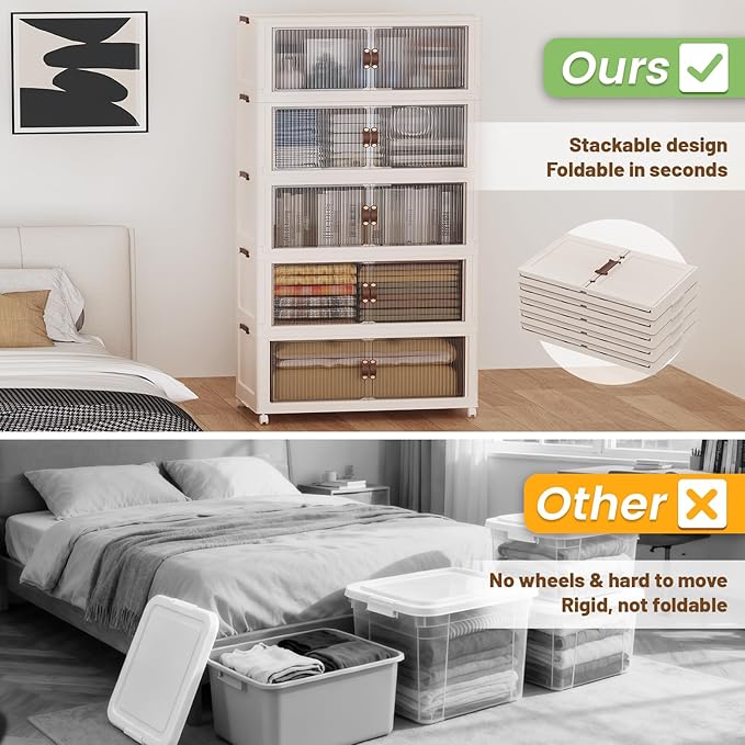 SAILUN 635Qt Extra Large Stackable Storage Bins Folding Collapsible Storage Bins with Lid, Closet Organizers and Storage Box with Door Beige 28" W x 17" D x 75" H