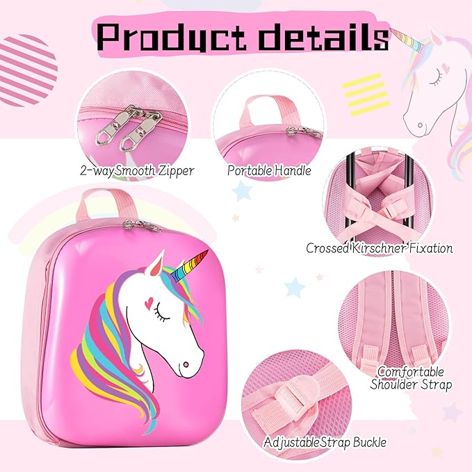 Sanwuta 4 Pcs Kids Luggage Set Rolling Suitcase Backpack U-shaped Pillow Kids Carry On Gift for Summer Travel Family Trip(17 Inch,Unicorn Style,Pink)