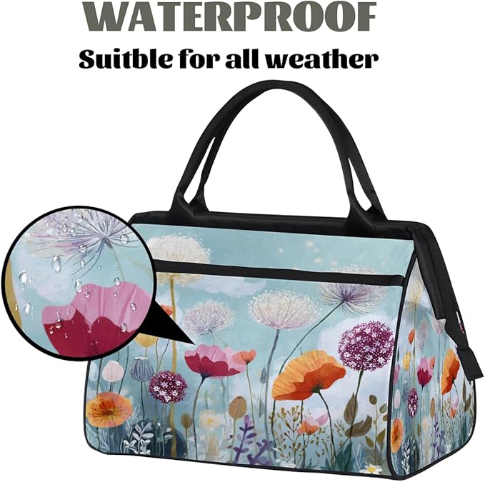 Overnight Weekender Bags for Women Men, Garden Wildflowers Waterproof Travel Carry On Duffel Bag, Lightweight Sports Gym Bag for Fitness, Workout, Travel