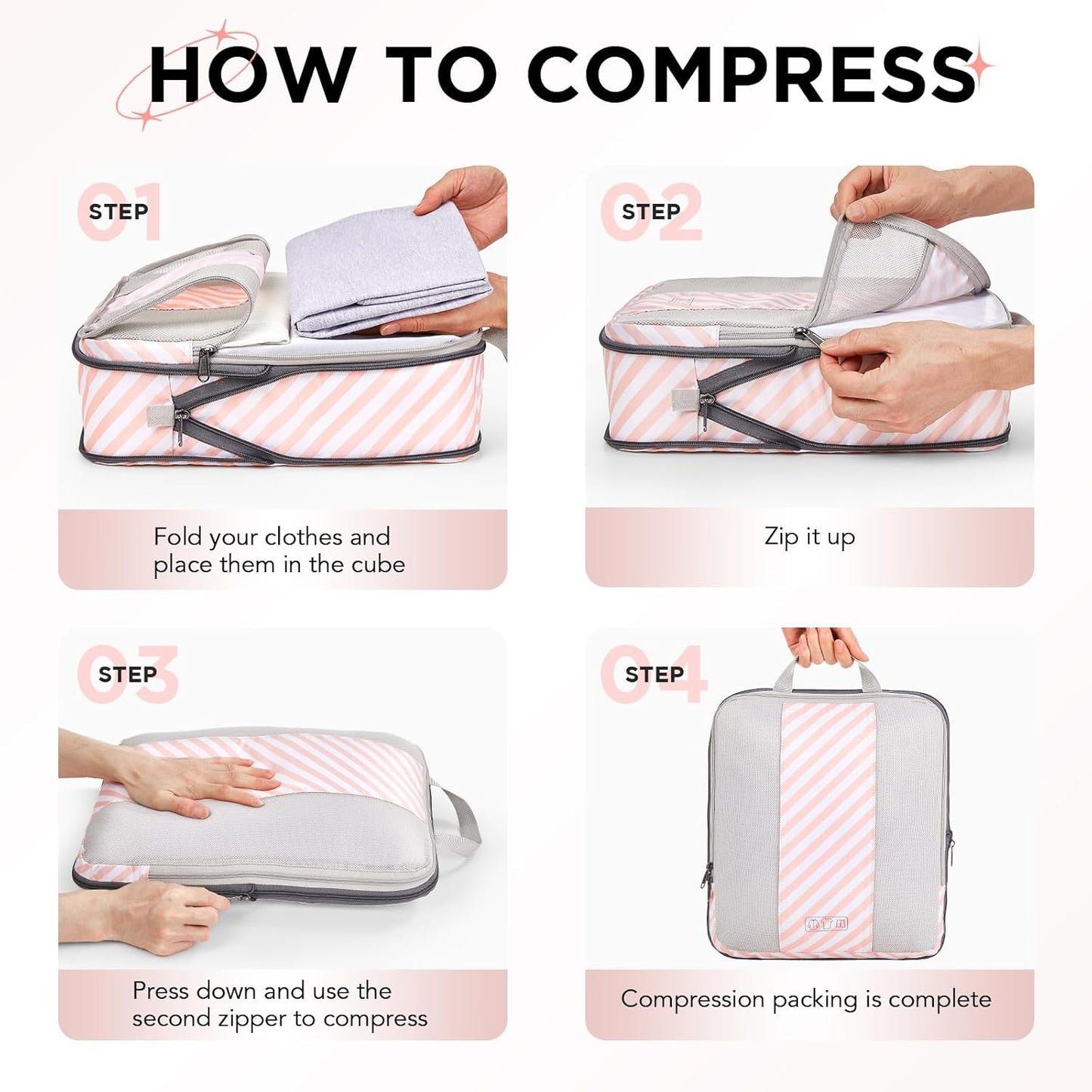 10 Set Compression Packing Cubes for Travel Essentials,Compressible Expandable Packing Cubes for Suitcase,OlarHike Luggage Organizer Bags for Travel,Handy Helper for Organizing Clothes(Pink Stripped)