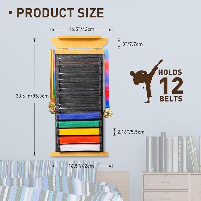 Tilhumt 10/12 Belts Karate Belt Display Rack with Photo Shelf, Felt Taekwondo Belt Display Rack Martial Arts Belt Display for Adults TKD, BJJ