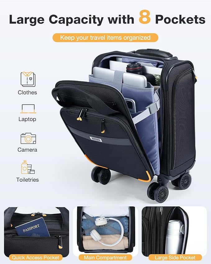 Underseat Carry On Luggage with Wheels, 16 Inch Softside Suitcase with Detachable Wheels, Lightweight Overnight Bag Travel Luggage with Spinner Wheels for Women Men, Black