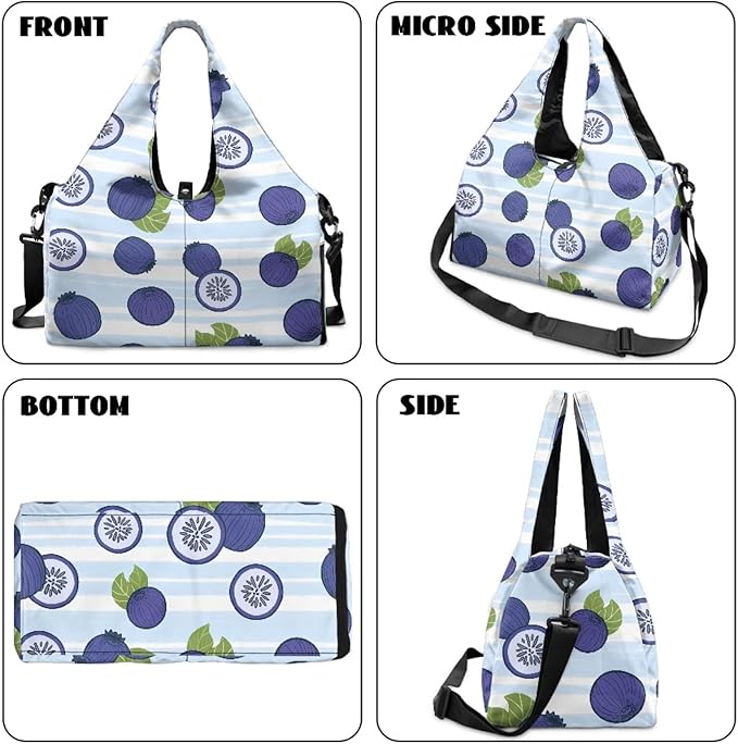 Blueberry Print Womens Gym Bag with Yoga Mat Holder and Shoe Compartment, Waterproof Portable Blue Sport Tote Bag for Women with Spacious Wet Pockets Gym Bag for Daily Use