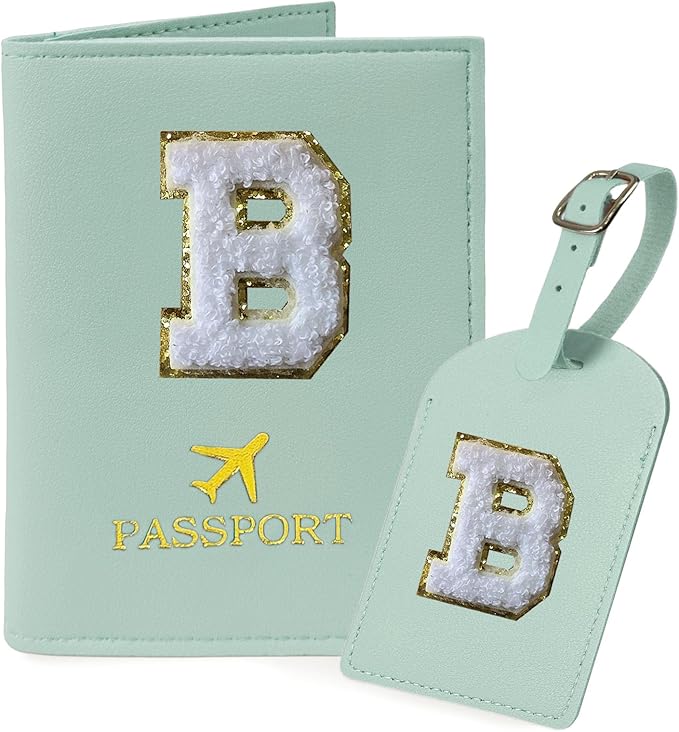COSHAYSOO Green Initial Passport Cover and Luggage Tag Set TSA Approved with Chenille Letter Patch for Women Teenage Girls, 2 Pcs Double Passport Holder Best Bag Suitcase Identifier (B)