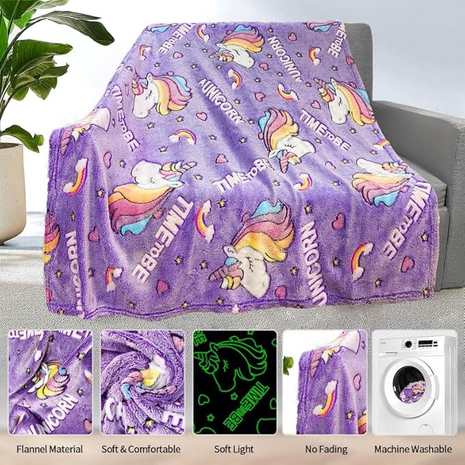 Unicorn Glow in Dark Blanket for Girls & Kids, Personalized for Baby/Toddler, Soft Fleece 40"x50"