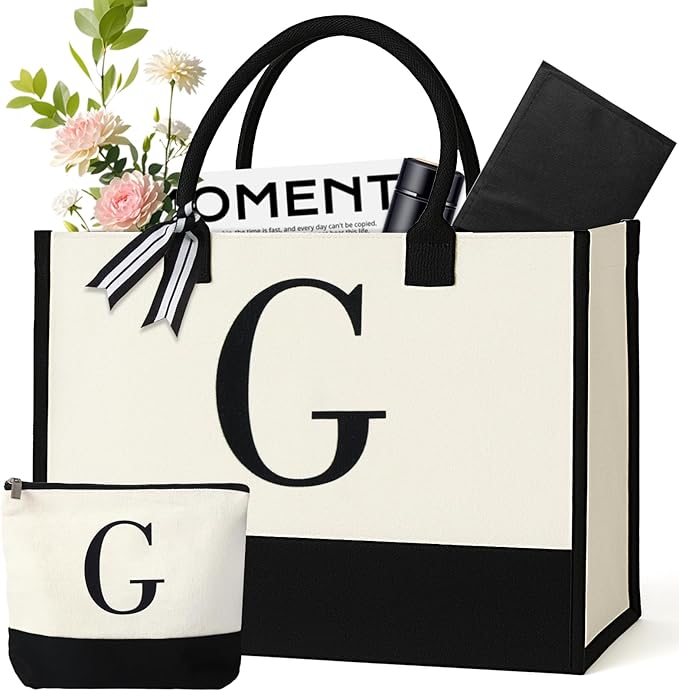 Personalized Canvas Tote Bag for Women Makeup Pouch Initial Beach Bag Removable Bottom Board for Travel Birthday