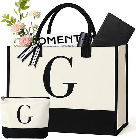 Personalized Canvas Tote Bag for Women Makeup Pouch Initial Beach Bag Removable Bottom Board for Travel Birthday