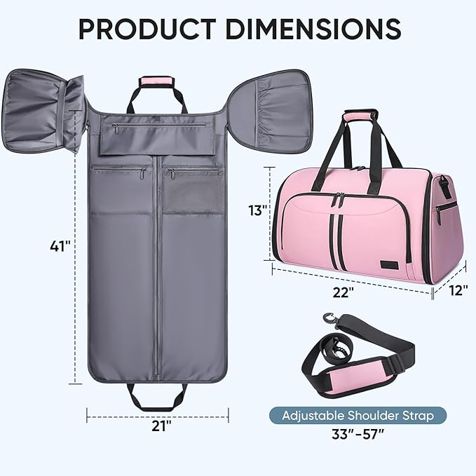 BALEINE Convertible Travel Garment Bag, Travel Suit Bag for Men, 2 in 1 Carry on Garment Bag for Hanging Clothes, Garment Duffel Bag for Travel Business (Pink)