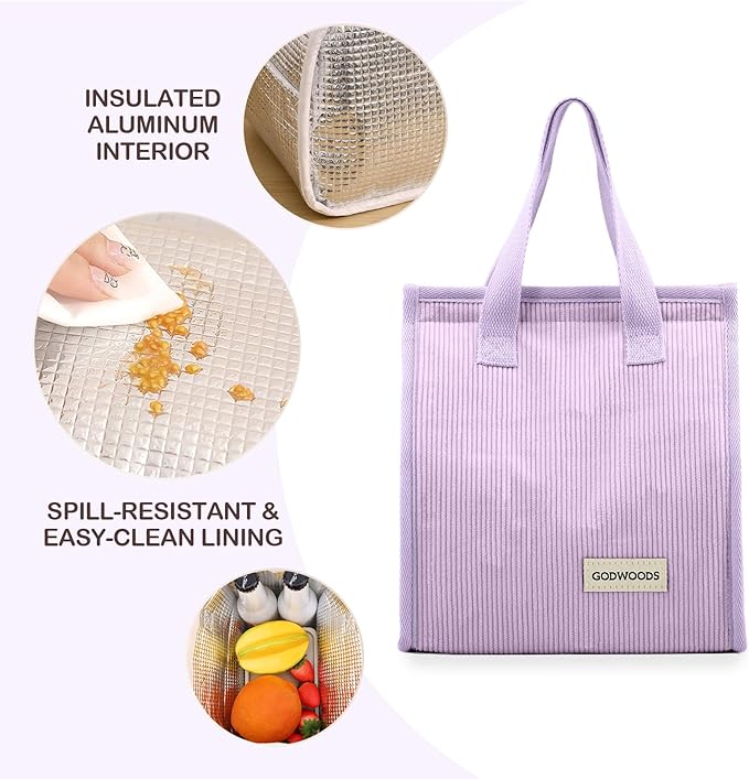 TELLUMO Corduroy Lunch Bag for Women Men Cute Lunch Bag Insulated Lunch Box with Large Capacity (7.5L) Reusable Lunchbag for Work, Picnic, Beach or Travel (S- Corduroy Purple)