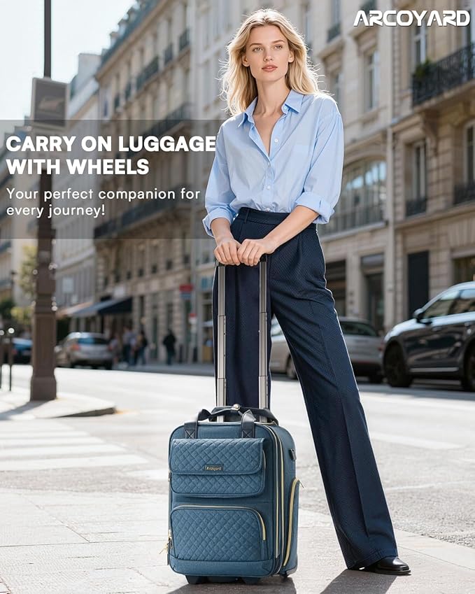 Underseat Carry On Luggage with Wheels, Airline Approved Personal Item Luggage, 16-Inch Multi-functional Underseat Luggage, Lightweight Overnight Suitcase for Women, Bussiness, Travel, Blue