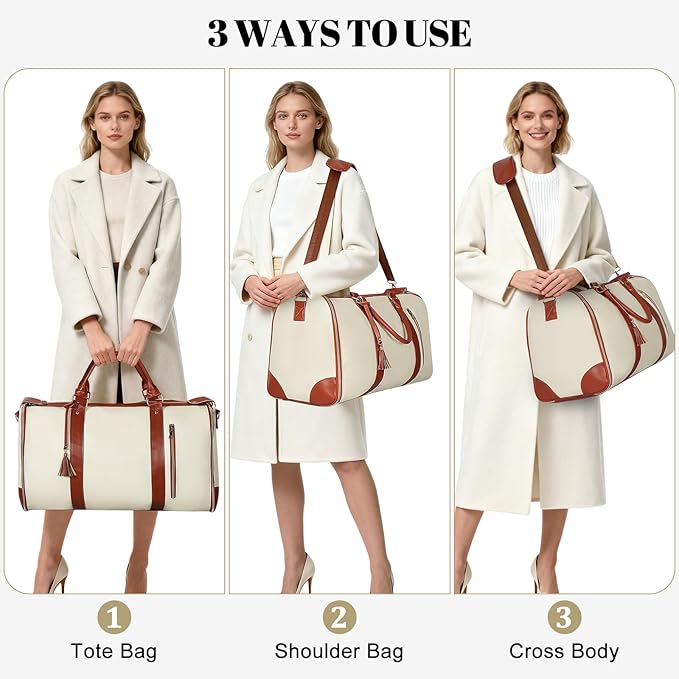 Geestock Garment Bag for Travel, Convertible Carry On Garment Duffle Bags for Women with Shoe Pouch & Detachable Shoulder Strap, Large PU Leather, 2 in 1 Hanging Suitcase Dress Suit Travel Bag, Beige