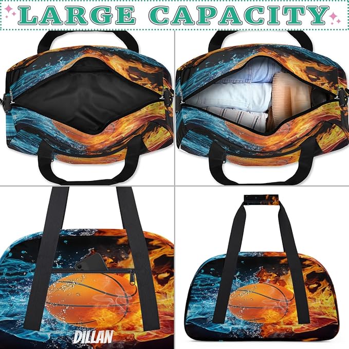 Custom Name Sports Bag for Kids Boys, Personalized Gym Duffel Fitness Travel Weekender Tote Carry-On Training Perform Bag Soccer Fire