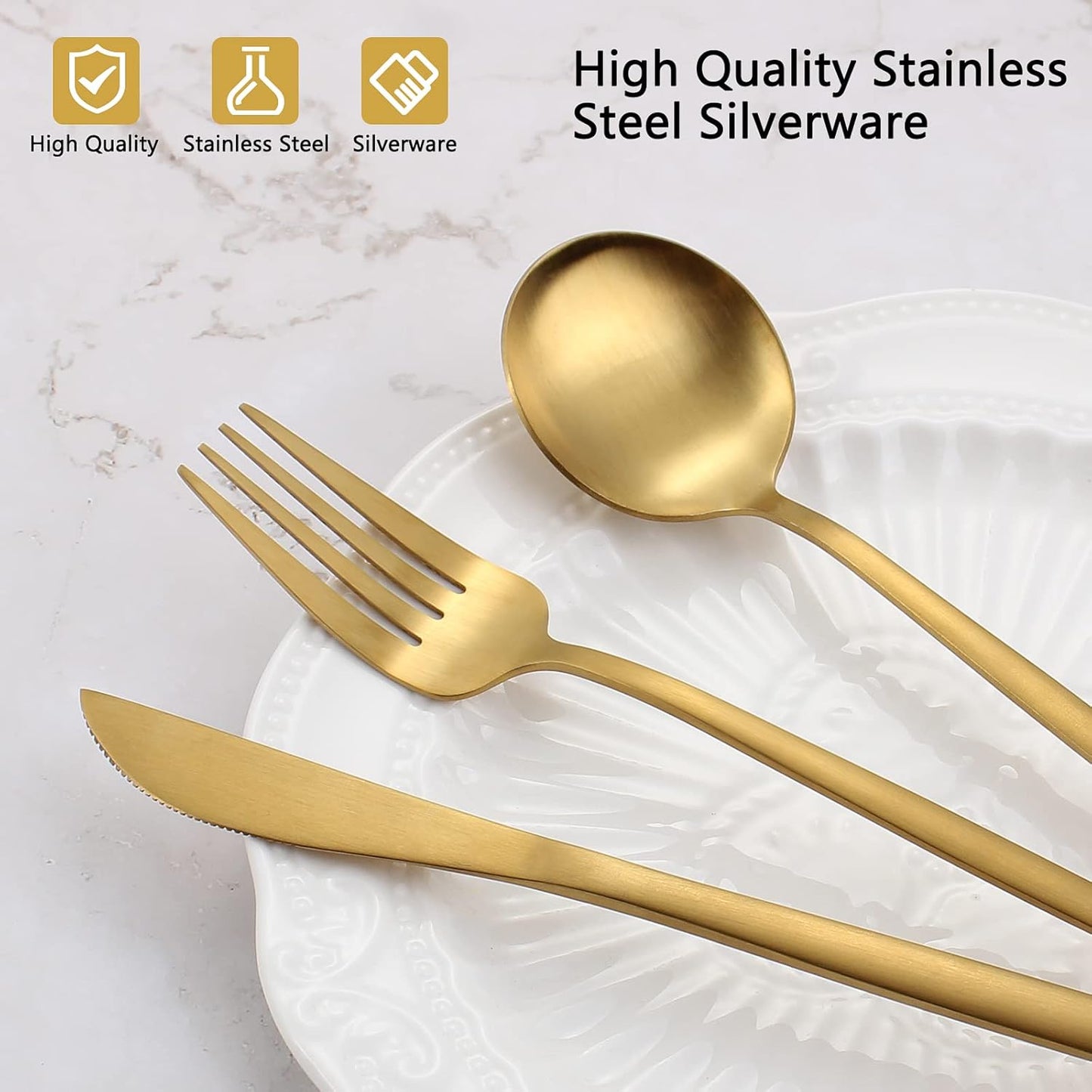 Matte Gold Silverware Set, VANVRO 60-Piece Stainless Steel Flatware Set, Satin Finish tableware Cutlery Set, Service for 12, Home and Restaurant, Dishwasher Safe