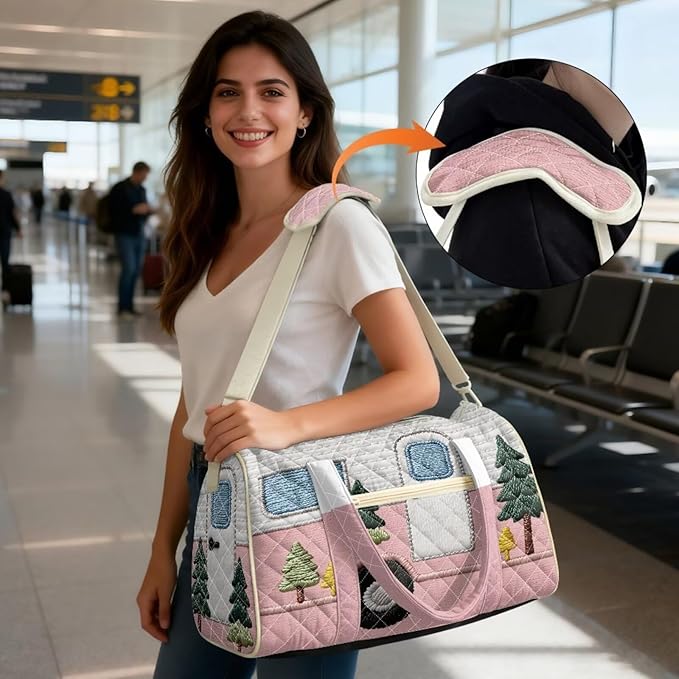 COEQINE Pink Sports Duffel Bags for Women Gym Funny Quilted Tote Bag Large Car Printed Weekender Carry On Camper Van Style Backpack for Overnight Luggage with Trolley Sleeve
