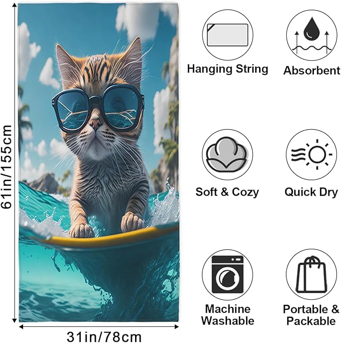 Cat Sunglasses Swim Beach Towel, Large Microfiber Quick Dry Lightweight Pool Bath Towels Sand Free Beach Blanket for Summer Cruise Yoga Camping Travel Vacation Essentials 31 x 61 in