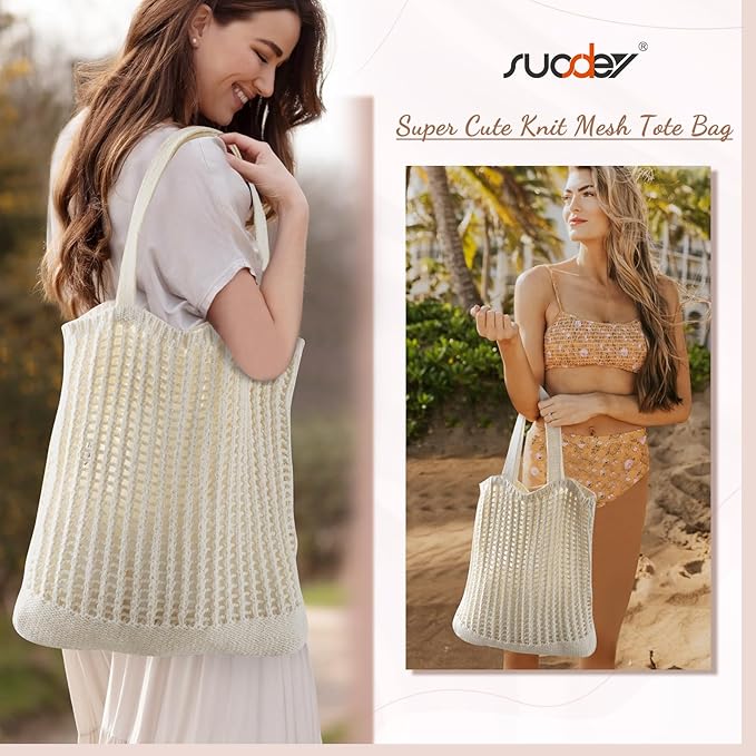 SUOSDEY Crochet Mesh Beach Tote Bag, Knit Summer Vacation Aesthetic Boho Tote Bag for Women