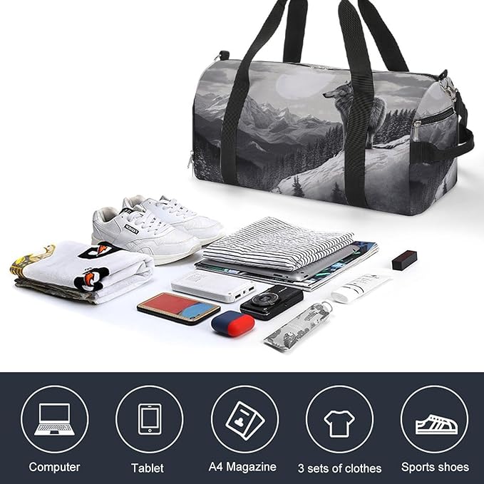 Snow Mountain Lone Wolf Gym Bag Lightweight ，Travel Duffle Bag with Shoe Compartment，Gym Bag for Women for Overnight, Weekend, Yoga, Gym, Business Trips, Sport And Hospital.