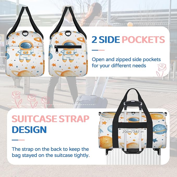 Space Theme Astronaut Travel Duffle Bag for Women Men, Overnight Weekender Bag, Carry on Tote for Sport Gym
