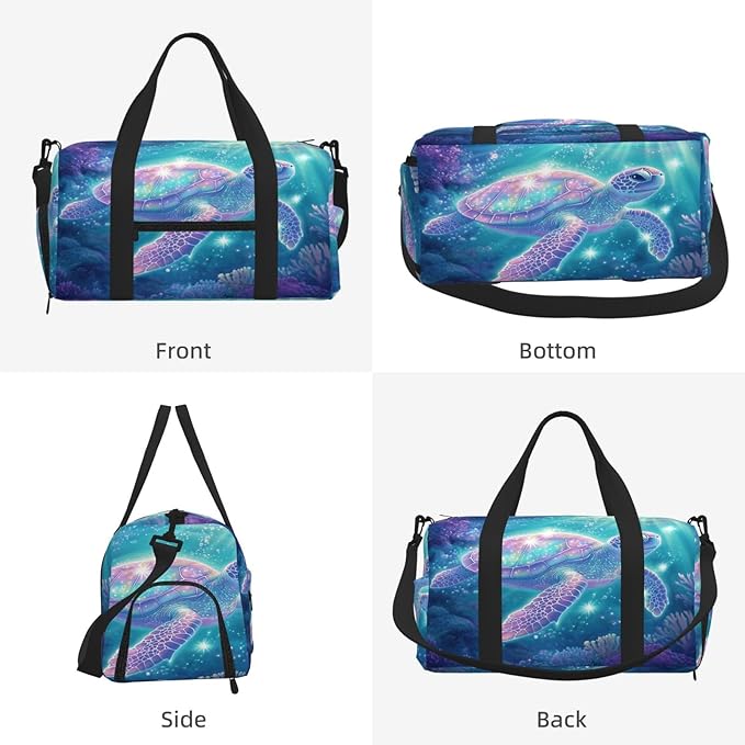 Sports Gym Bag Ocean Fantasy Pastel Sea Turtle Travel Duffel Bag With Shoe Compartment Shoulder Strap, Lightweight Water-Resistant Weekend Overnight Totes For Women Men
