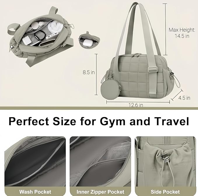 CAMTOP Mini Gym Bag for Women, Small Gym Tote Bag Puffy Quilted Sports Duffel Bag with Wet Compartment and Coin Purse Duffel Bags Dance Yoga Workout Bag for Gifts (Green, Mini-12.6")