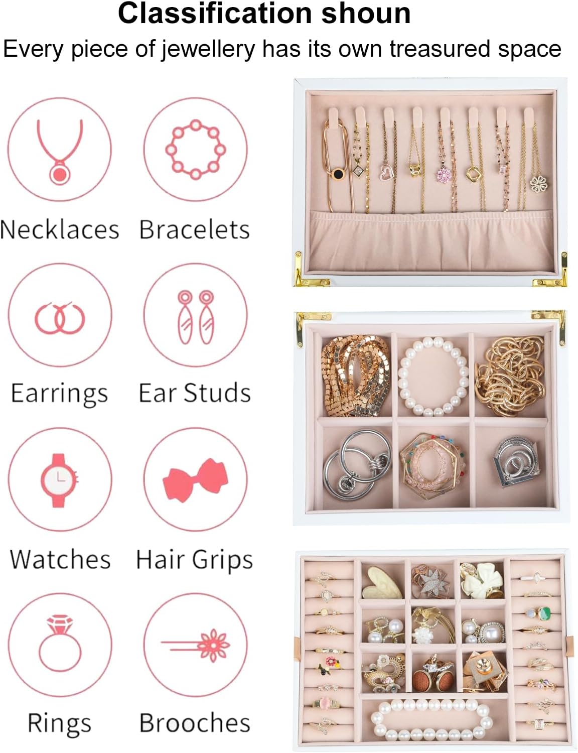 Small Jewelry Organizer for Women, 2-Layer Travel Jewelry Box with Portable Case, Necklace Ring Storage for Dresser, Girls Teens Gifts (White)