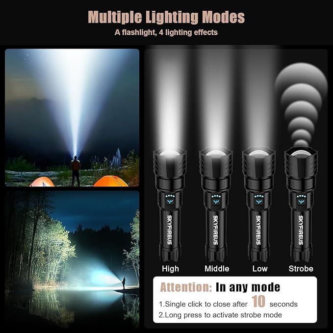 SKYFIRE Rechargeable Flashlights High Lumens with Ignition Lens,5000mAh Super Bright Flashlight Waterproof LED Tactical Flash Light for Camping Essentials Outdoor Home&Gifts