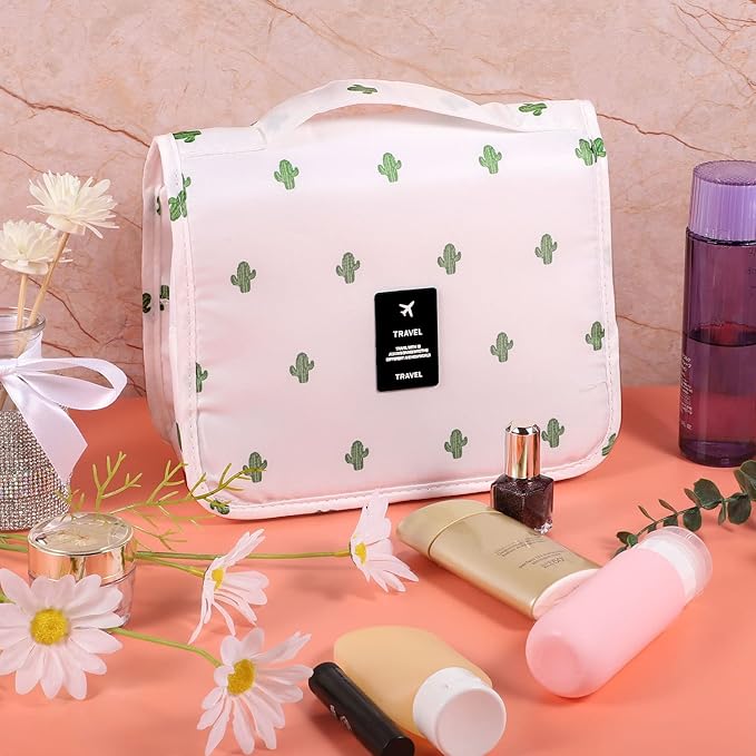 Pengxiaomei Toiletry Bag, Waterproof Hanging Cosmetic Bag Portable Travel Makeup Pouch Multifunction Handle Travel Bathroom Bag Stocking Stuffers for Women and Girls Christmas Gifts(Cactus White)