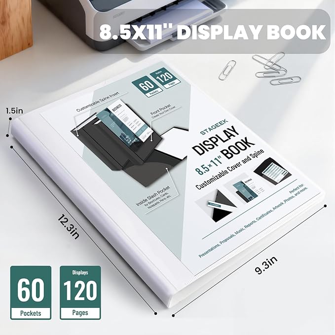 60-Pocket Portfolio Binder Display 120 Pages, 8.5x11 Binder with Plastic Sleeves, Art Portfolio Folder with Clear Sheet Protectors, Presentation Book for Artwork, Document Organizer