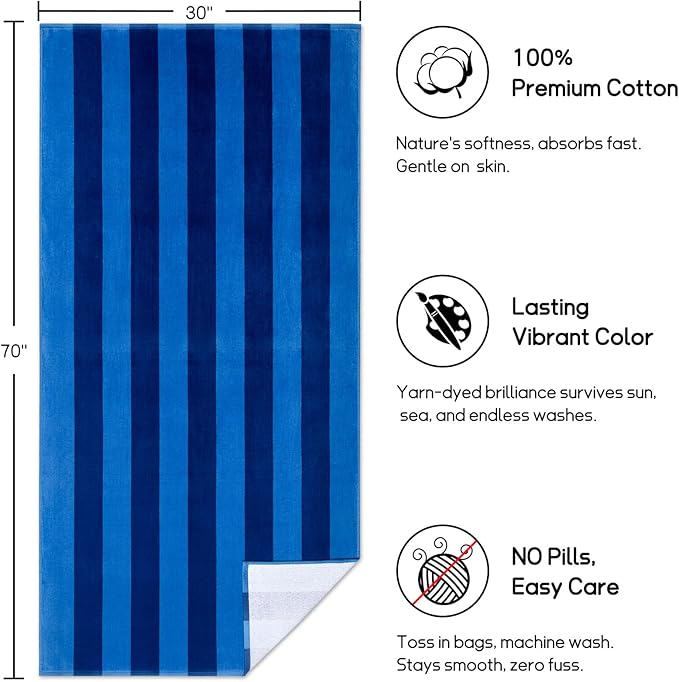 cabanana Large Beach Towel Oversized - Cotton Velour 35 x 70 Inch Blue Striped Terry Pool Towel, Cabana Soft Swimming Towel for Adults Women Men (Blue)