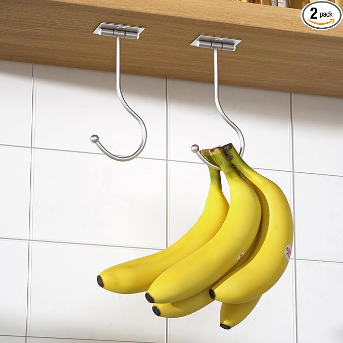 Modern Banana Hanger Hook Under Cabinet: Adhesive Banana Holder, Foldable with Magnets When Not in Use, Under Counter Banana Hook, Stainless, Hold 13 LB, Silver, 2 Pack