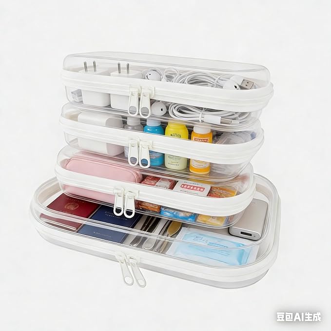 4Pcs/3S+1M Clear Hard Shell Zippered Travel Case – Plastic Organizer Pouch for Toiletries, Cosmetic Bag, Diaper Bag & Packing Accessories (White, Set B)