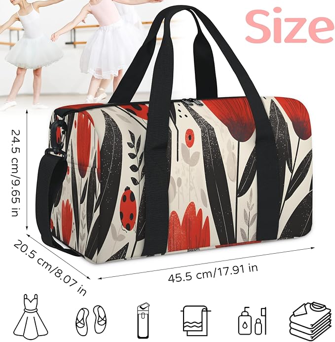 Red Flowers Ladybugs Travel Duffle Bag for Men Women, Lightweight Sport Gym Bag Tote Overnight Weekender Carry on Tote