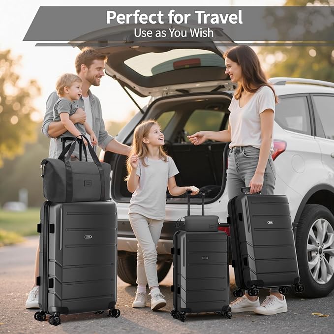 HOTEEL Expandable 5 Piece Luggage Set (4-YEARS WARRANTY) ABS+PC Hardshell Carry on Suitcase Silent Universal Wheels & TSA Lock for, Unisex Rolling Suit Case, for Travel, Family, Black (20/24/28/DB/TB)