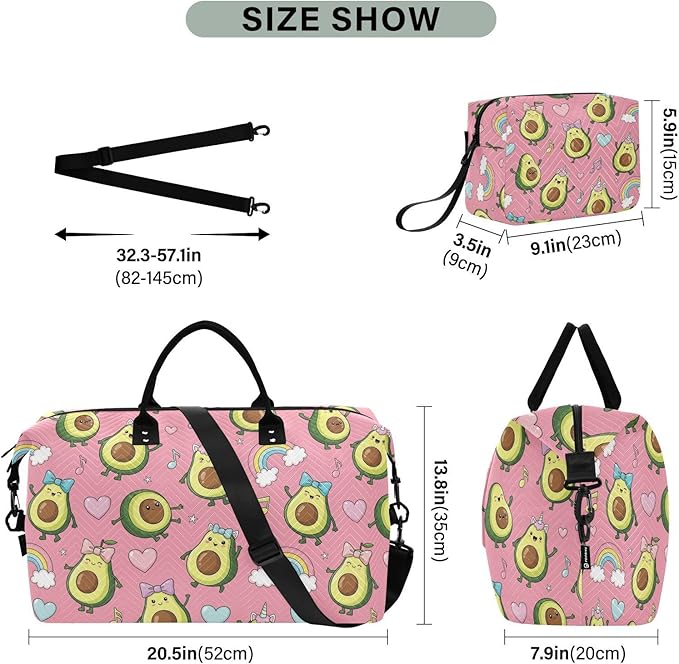 Cute Avocado Rainbow Pink Sports Gym Bag for Women Men Travel Duffel Bag Weekend Overnight Carry on Bag with Toiletry Bag Hospital Bag for Yoga Workout Swimming Hospital Plane