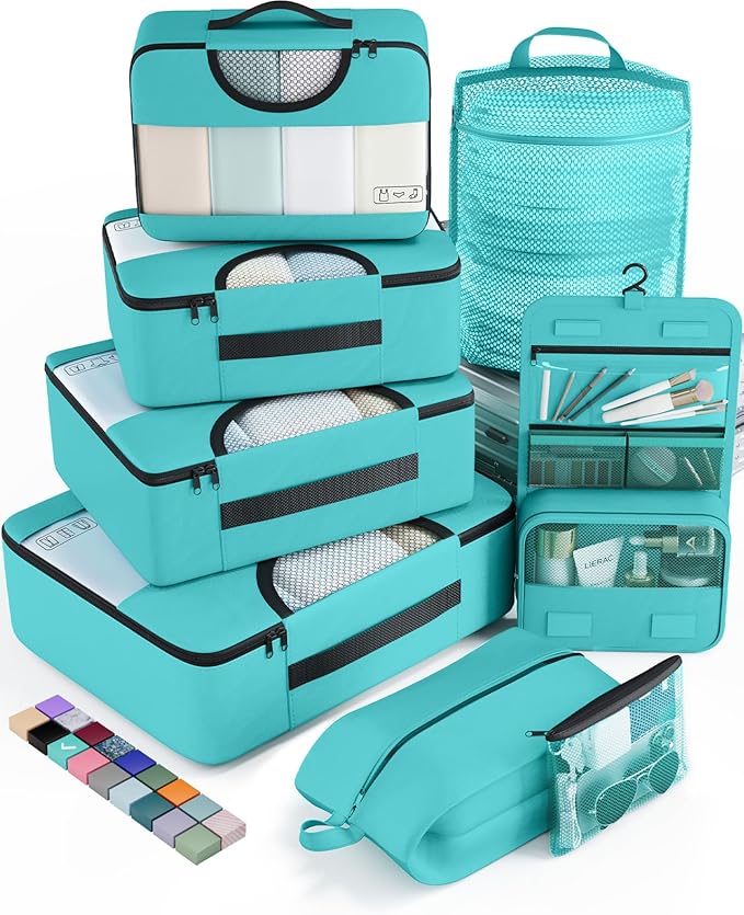Veken 8 Set Packing Cubes for Travel Essentials, Suitcase Organizer Bags in 4 Sizes, Carry-On Luggage Accessories with Large Laundry & Hanging Toiletry Bag, Must-Have for Airplane, Road Trip & Camping