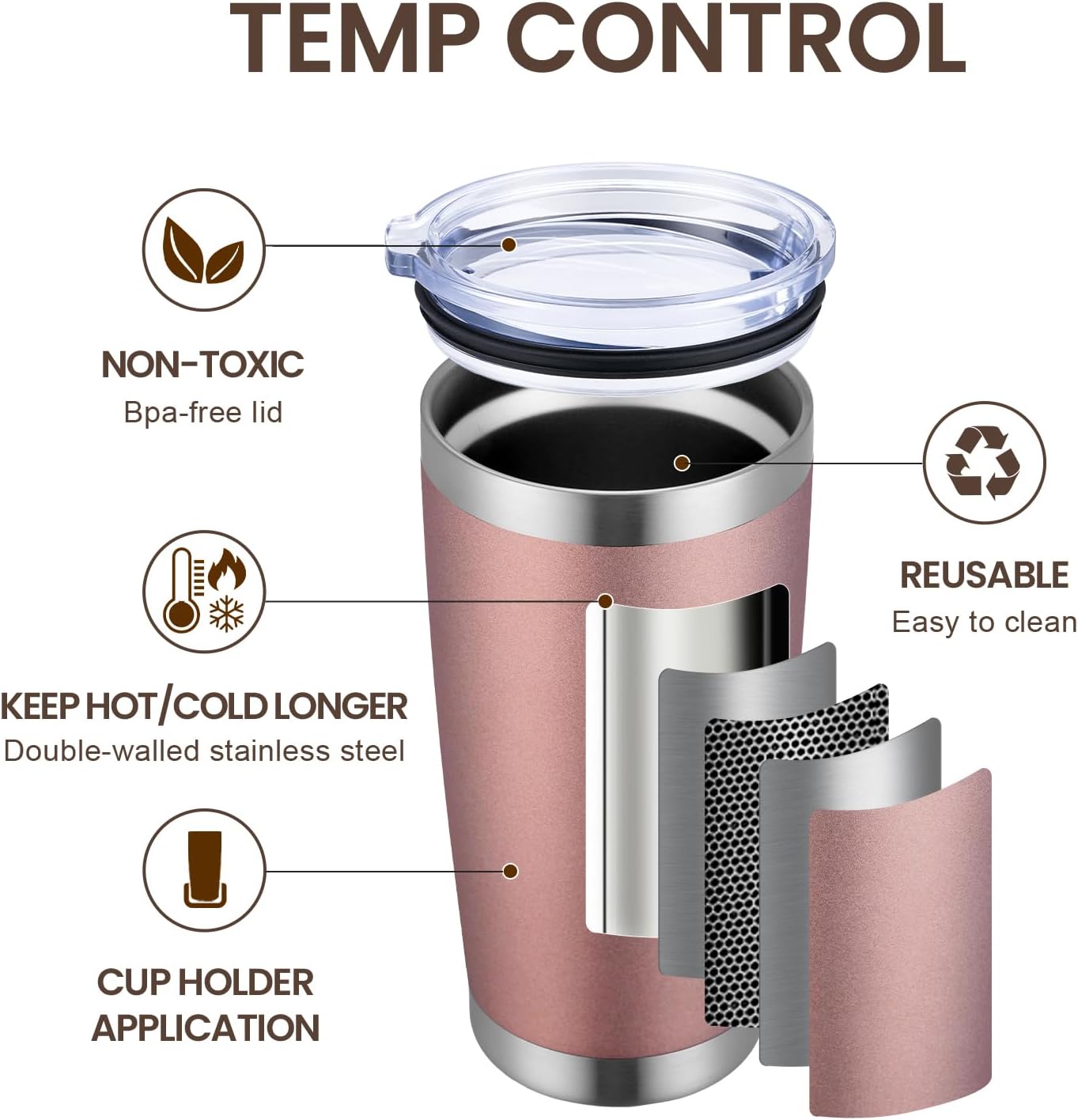 MEWAY 20oz Tumbler 12 Pack Double Wall Vacuum Insulated Travel Mug Bulk, Stainless Steel Tumblers with Lid and Straw, Durable Powder Coated Coffee Cups for Cold & Hot Drinks (Rose Gold, 12)
