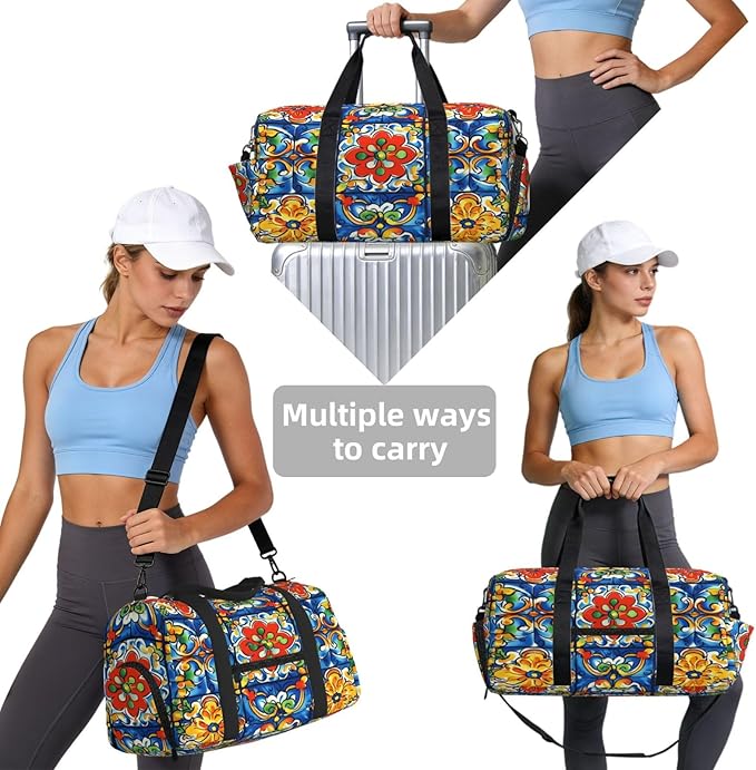 Sports Gym Bag Mexican Talavera Tiles Ethnic Travel Duffel Bag With Shoe Compartment Shoulder Strap, Lightweight Water-Resistant Weekend Overnight Totes For Women Men