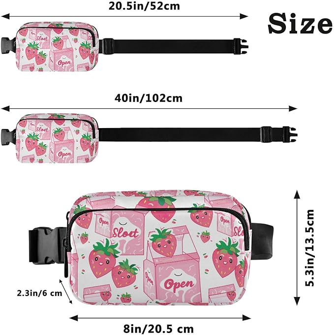 Kawaii Pink Strawberry Milk Fanny Pack for Women Men Water Resistant Fashion Waist Packs with Adjustable Strap Belt Bag for Travel Workout Jogging Hiking 21219125