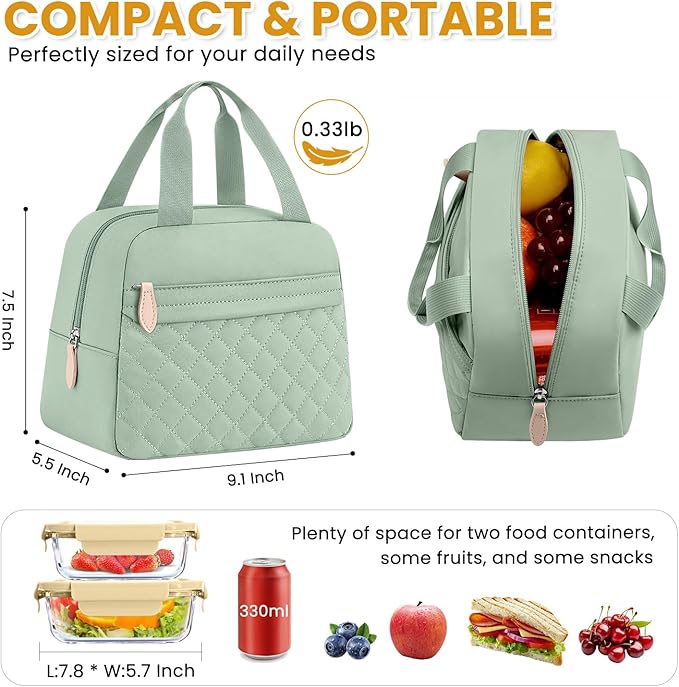 Insulated Lunch Bag for Women, Portable Lightweight Lunch Box for Adults, Reusable Small Lunch Tote Cooler Bags with Front Zipper Pocket for Work School Picnic(Green)