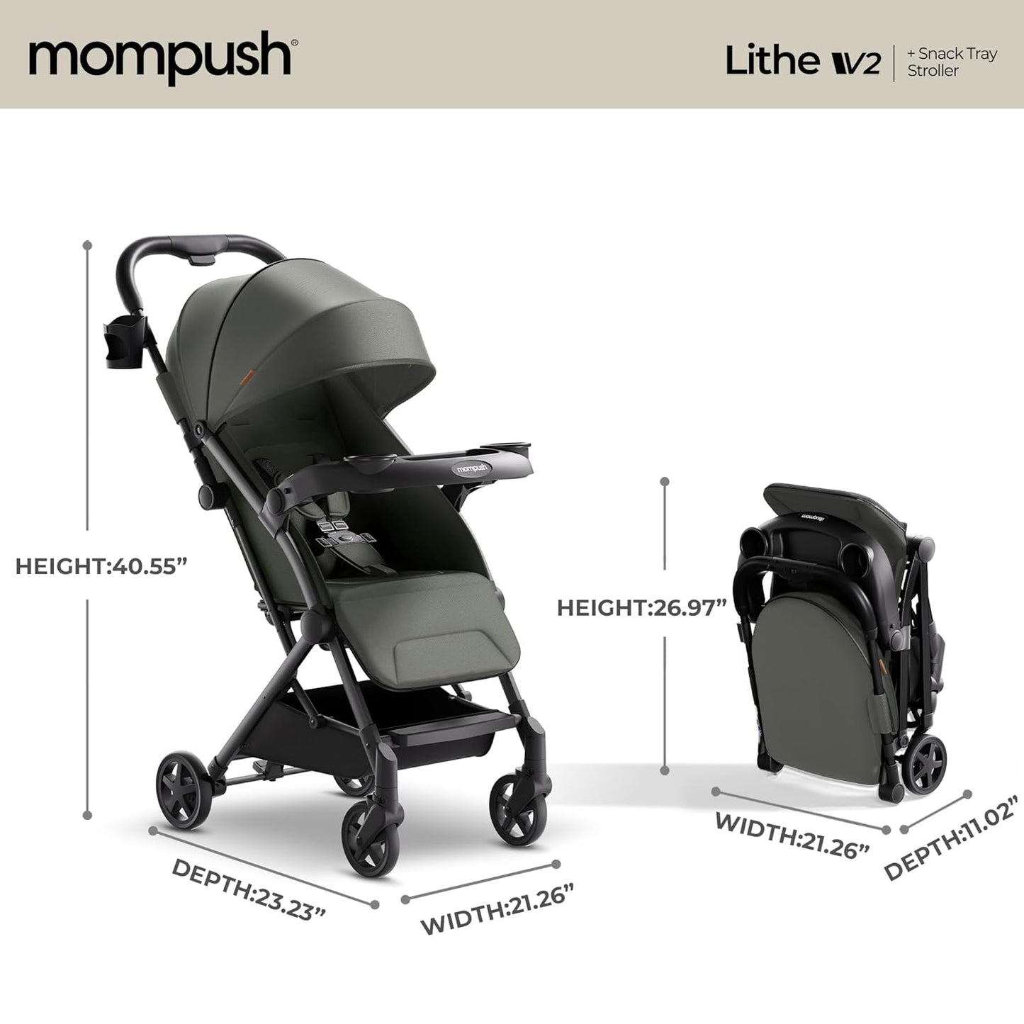 Mompush Lithe V2 Lightweight Travel Stroller, Compact Foldable Baby Stroller with Travel Bag, One-Hand Fold Stroller, Snack Tray, Mechanical Recline Seat, Airplane-Ready, Organizer & Rain Cover