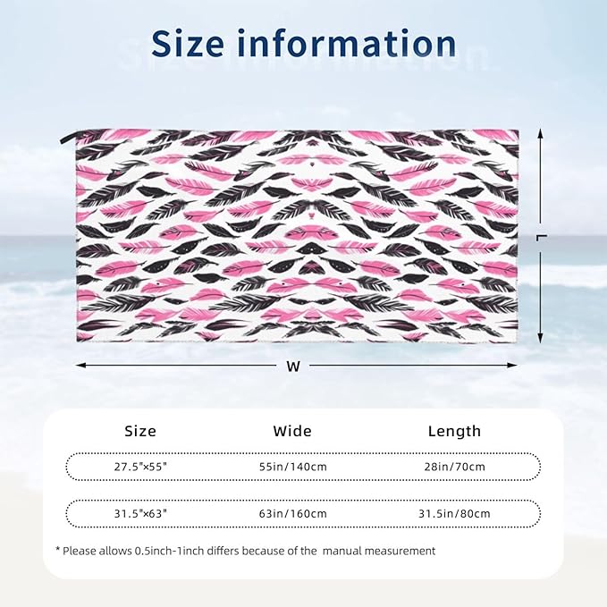 Pink And Black Feather Pattern Sand Free Beach Towel – 27.5"X55" Quick Dry Microfiber Beach Towels For Travel, Swimming, Pool, And Camping, Absorbent And Compact Beach Essential For Women, And Men