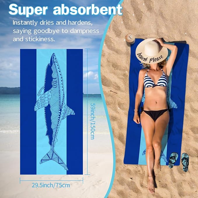 Shark Beach Towel - 30x60 Inch Fast Dry Microfiber Towel, Lightweight & Versatile for Beach, Pool, Yoga, Travel, Ideal as Beach Blanket & Vacation Essential