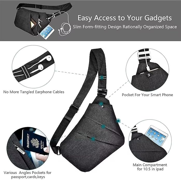 Crossbody Sling Bag, Water-Resistant Anti Theft Chest Pack, Minimalist Commuter Daypack for Travel Hiking Work