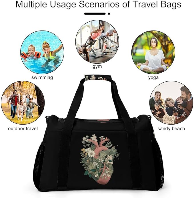 Botanical Heart Duffle Bag Gym Bag for Workout Travel Tote with Detachable Straps