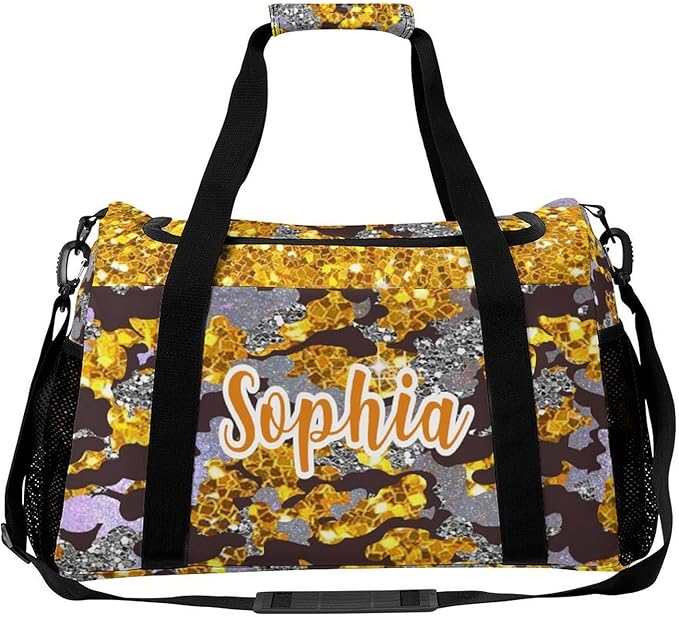 Golden Yellow Camo Sequin Print Luggage Bag Waterproof Duffel Bag Adjustable Shoulder Strap Perform Training Travel Bag for Teens Adults Backpack