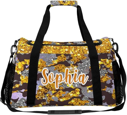 Golden Yellow Camo Sequin Print Luggage Bag Waterproof Duffel Bag Adjustable Shoulder Strap Perform Training Travel Bag for Teens Adults Backpack