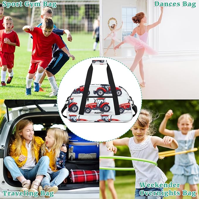 Personalized Boys Gym Bags, Custom Name Sport Bags for Training Travel Overnight Weekender，Red Tractor