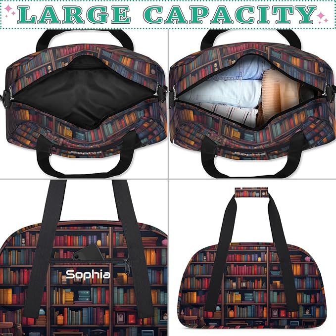 Custom Name Boys Girls Gym Travel Duffle Bag with Front Zipper Pocket Personalized Sports Bag for Overnight, Weekender, Carry On,Workout & Dance, 18.9 * 8.7 * 10.6 in,Book