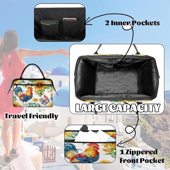 Multipurpose Duffle Bag, Waterproof Carry On Bag with Spacious Design, Watercolor Rooster Sunflower Gym Bags, 15.2x8.3x11.6in